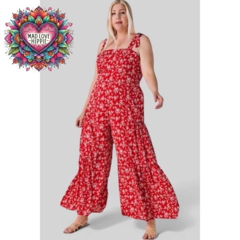 Davi & Dani Red Floral Print Wide Leg Jumpsuit - Picture 2 of 9